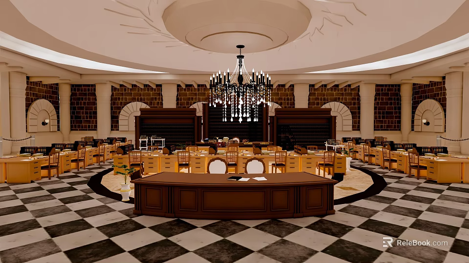 Courthouse Interior Design With Grand Chandelier Checkerboard Floor And Wooden Counter 3d model 