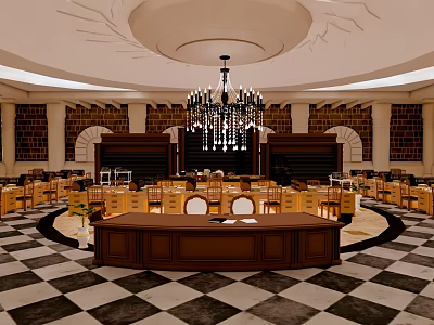 Courthouse Interior Design With Grand Chandelier Checkerboard Floor And Wooden Counter 3d model