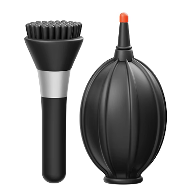 Black Household Cleaning Tools Including Brush And Air Blower With Silver Accent 3d model