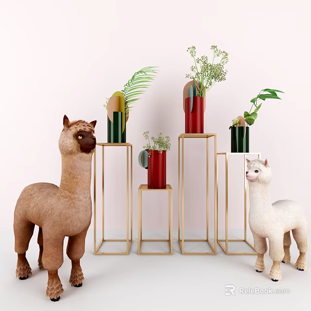 Decorative Vases With Flowers And Green Plants On Golden Stands With Alpaca Figurines 3d model 