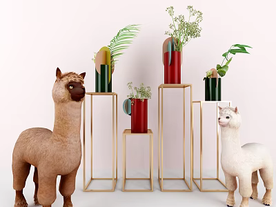 Decorative Vases With Flowers And Green Plants On Golden Stands With Alpaca Figurines 3d model