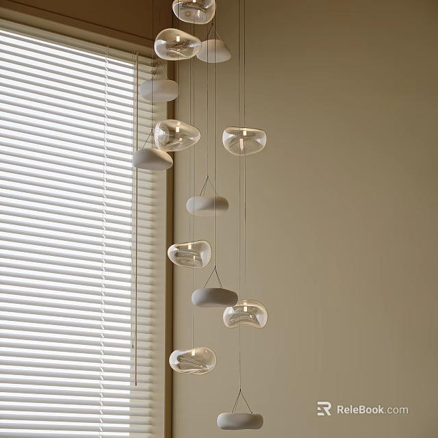 Modern Pendant Lights With Transparent Glass Shades Hanging By Beige Wall With Window Blinds 3d model 