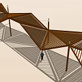 Garden Landscape Design With Geometric Wooden Canopy Structure And Standing Person