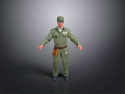A Man in Green Work Uniform Wearing Cap with Tool Belt Standing Against Gray Background 3d model