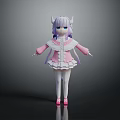 Cute Anime Style Game Movie Character with Purple White Hair Pink White Dress and Horns