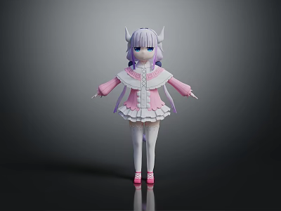 Cute Anime Style Game Movie Character with Purple White Hair Pink White Dress and Horns 3d model