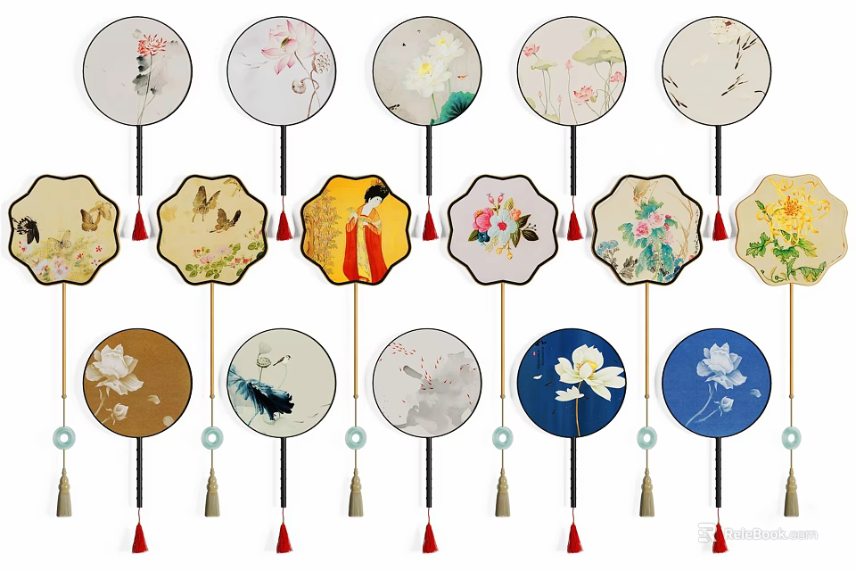 Decorative Fan Hangings with Traditional Patterns Tassel Ornaments and Diverse Designs 3d model 