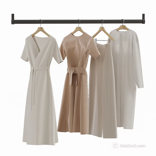 Elegant Neutral Colored Dresses Hanging On Wooden Rack Various Minimalist Designs 3d model 