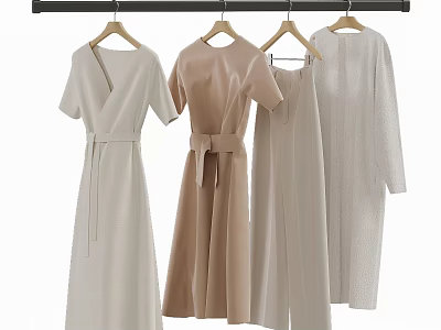 Elegant Neutral Colored Dresses Hanging On Wooden Rack Various Minimalist Designs 3d model