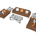 Modern Brown Leather Sofa and Coffee Table Set with Colorful Cushions and White Top