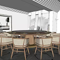 Elegant Private Dining Room Interior With Round Table Striped Ceiling And Stone Floor