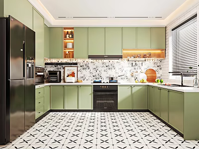 Modern Kitchen Interior With Green Cabinets Black Refrigerator And Black White Geometric Floor Tiles 3d model