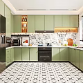 Modern Kitchen Interior With Green Cabinets Black Refrigerator And Black White Geometric Floor Tiles