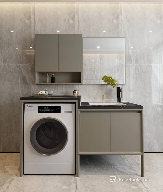 Modern Washbasin Vanity With Gray Cabinet Mirror Marble Countertop And Washing Machine 3d model 