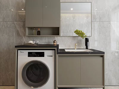 Modern Washbasin Vanity With Gray Cabinet Mirror Marble Countertop And Washing Machine 3d model