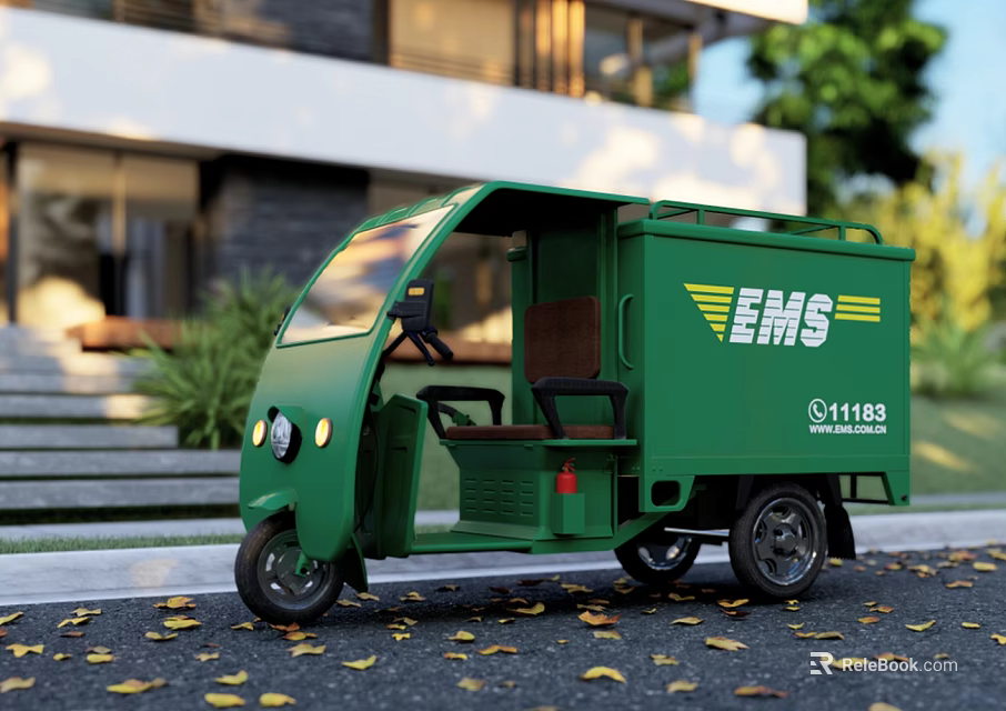 Green Three Wheeled Functional Vehicle With EMS Logo For Delivery Services 3d model 