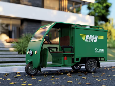 Green Three Wheeled Functional Vehicle With EMS Logo For Delivery Services 3d model