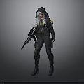 Tactical Female Character In Black Hooded Outfit With Yellow Accents And Rifle