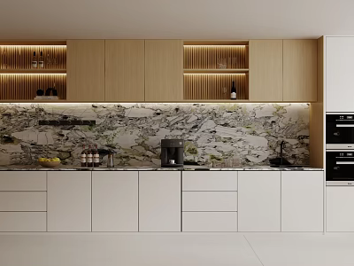 Modern Wooden And White Sideboard With Marble Countertop Open Shelves And Coffee Machine 3d model