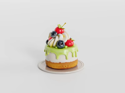 Delicious Cake With Green Cream Dripping Topped With Fresh Strawberries Blueberries And Cream 3d model