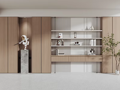 Modern Wooden White Bookcase with Open Closed Compartments Books Decorative Items and Potted Plant 3d model