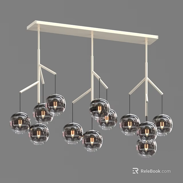 Elegant Modern Chandelier With White Hanging Rods And Multiple Transparent Glass Spherical Shades 3d model 