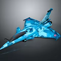Blue Camouflage Fighter Jet Model Showcasing Aerospace Engineering Design
