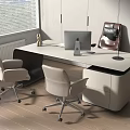 Modern Office Desk Setup With Computer Monitor Ergonomic Chairs Window Blinds Storage Cabinets