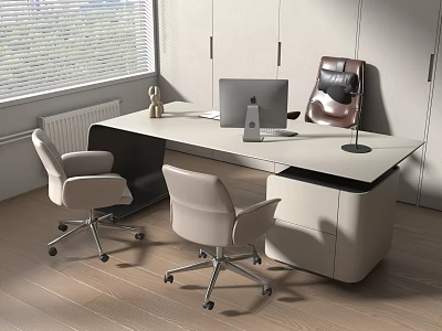Modern Office Desk Setup With Computer Monitor Ergonomic Chairs Window Blinds Storage Cabinets 3d model