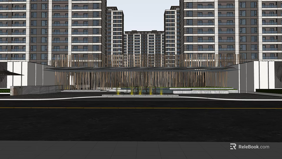 Modern High Rise Residential Community Entrance With Green Belt And Buildings 3d model 