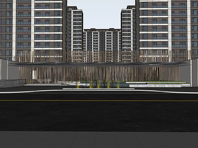 Modern High Rise Residential Community Entrance With Green Belt And Buildings 3d model
