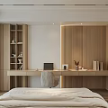 Modern Bedroom Interior Design With Wooden Bed Nightstand Desk Chair Large Windows And Curtains