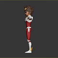 Game Movie Character in Red White Outfit with Brown Short Hair Arms Outstretched Standing