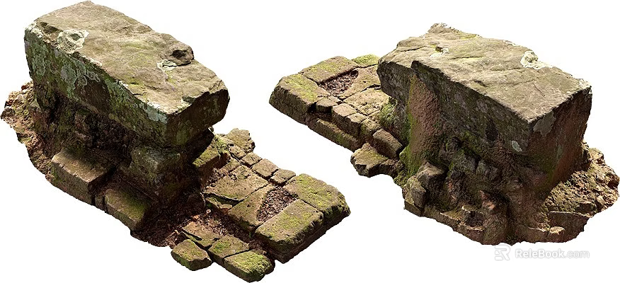 Rustic Stone And Wood Structure With Natural Moss Covered Surface Details 3d model