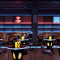 Modern Bar Interior With Blue Lit Backdrop Round Counters Black Chairs Neon Accents