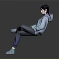 A Man in Blue Hoodie Blue Pants and Blue Shoes Sitting Cross-Legged Against Gray Background