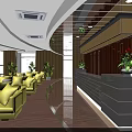 Hotel Lobby Interior With Modern Design Yellow Sofas Front Desk And Decorative Plants 3d model