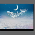 Surreal Abstract Painting With Line Art Whale Moon Stars And Cloudy Night Sky