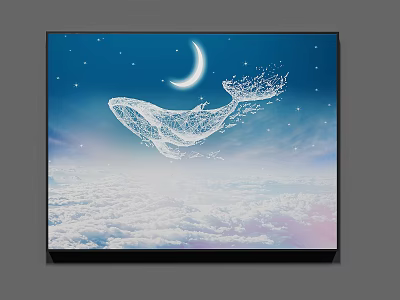 Surreal Abstract Painting With Line Art Whale Moon Stars And Cloudy Night Sky 3d model