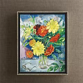 Botanical Painting Of Pink Purple Flowers In White Vase With Green Leaves And Blue Background