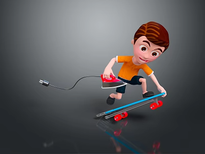 Boy Riding Skateboard Holding Red Iron With Cord On Gray Background 3d model