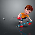Boy Riding Skateboard Holding Red Iron With Cord On Gray Background