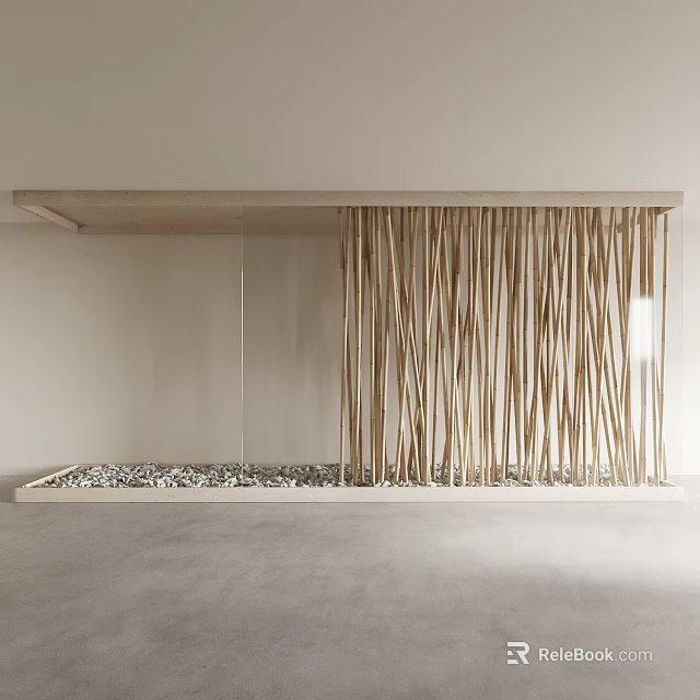 Wooden Slat Room Divider In Minimalist Interior With Pebbles And Light Wall 3d model 