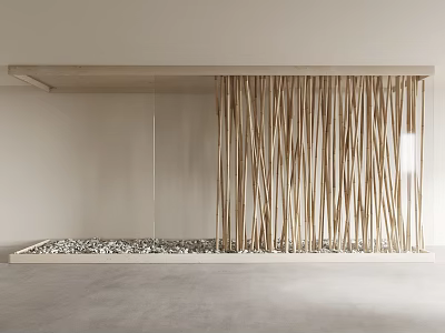 Wooden Slat Room Divider In Minimalist Interior With Pebbles And Light Wall 3d model