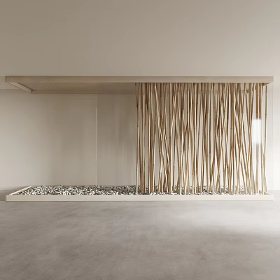 Wooden Slat Room Divider In Minimalist Interior With Pebbles And Light Wall 3d model