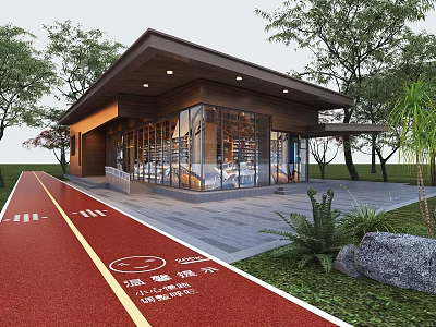 Modern Pavilion With Red Fitness Trail Lush Trees And Glass Windows Surroundings 3d model