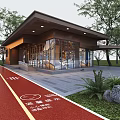 Modern Pavilion With Red Fitness Trail Lush Trees And Glass Windows Surroundings