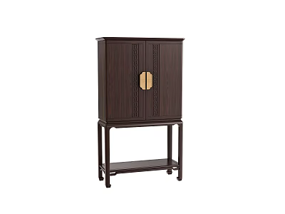 Dark Wood Wine Cabinet With Gold Handle And Base Shelf Design 3d model