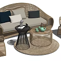 Stylish Rattan Outdoor Sofa With Blue White Grey Cushions And Side Tables For Patio