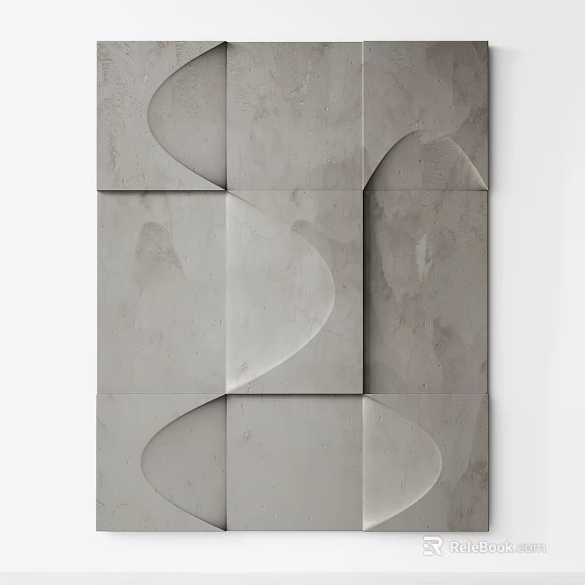 Modern Geometric Wall Decor With Concrete Textured Square Panels And Wave Patterns 3d model